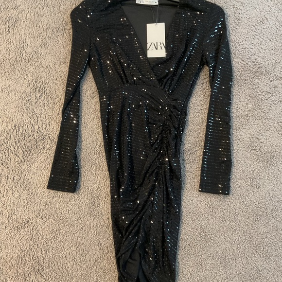 Zara Black Bling Wrap Midi Cocktail Dress Party PROM Wedding Whimsygoth XS, NWT - Picture 2 of 7